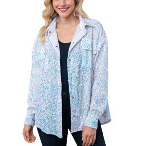 White Birch Knit Solid Color Velvet Sequin Shacket Aurora Borealis Size XL